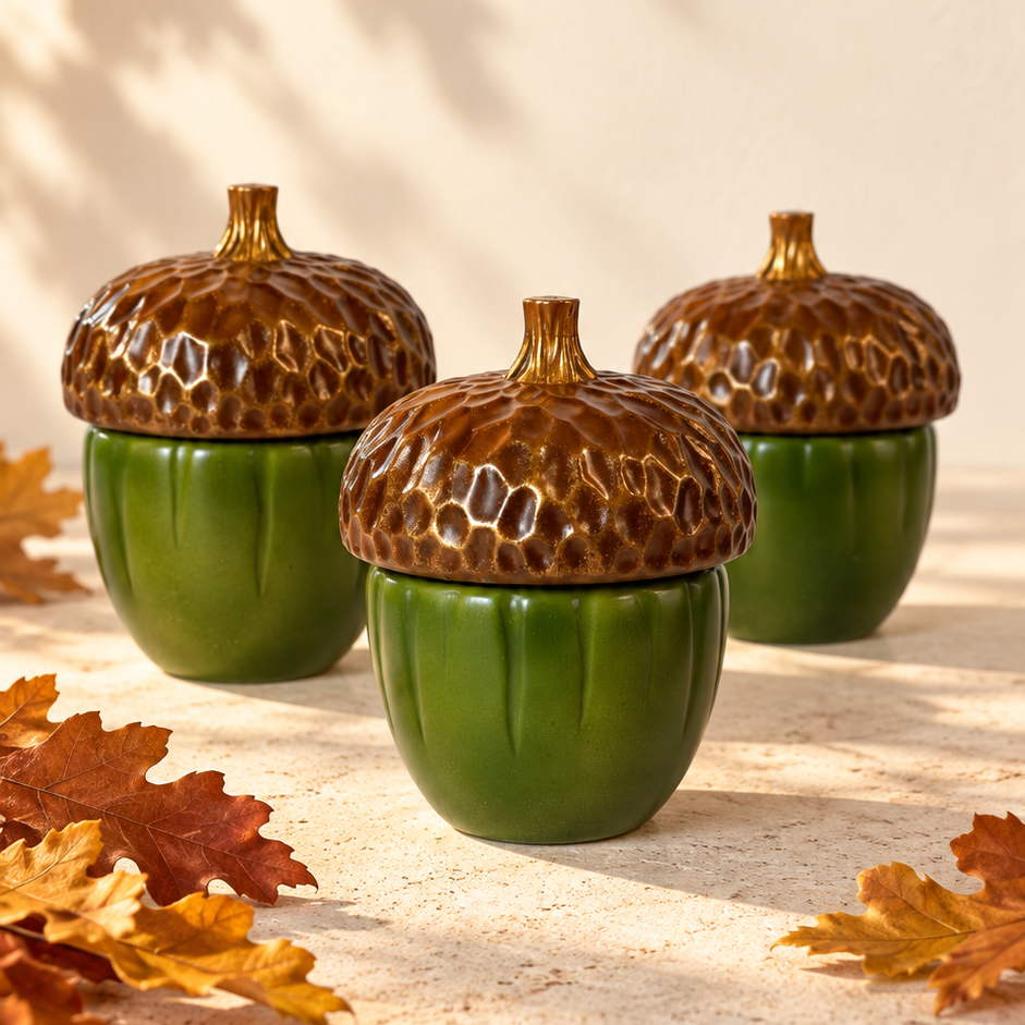Three ceramic acorn containers with ribbed green bodies and textured brown lids, arranged on a light stone surface with scattered autumn leaves and warm sunlight.