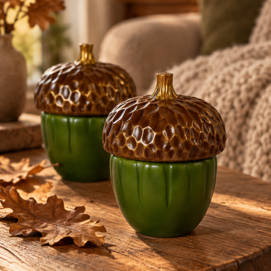 Two ceramic acorn-shaped containers with textured brown tops and glossy green bodies, styled on a rustic wooden table in a warm, cozy living room setting.