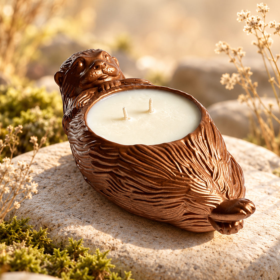 A copper-colored otter-shaped candle holder filled with white wax, resting on a large stone surrounded by moss and dried plants in a warm outdoor setting.