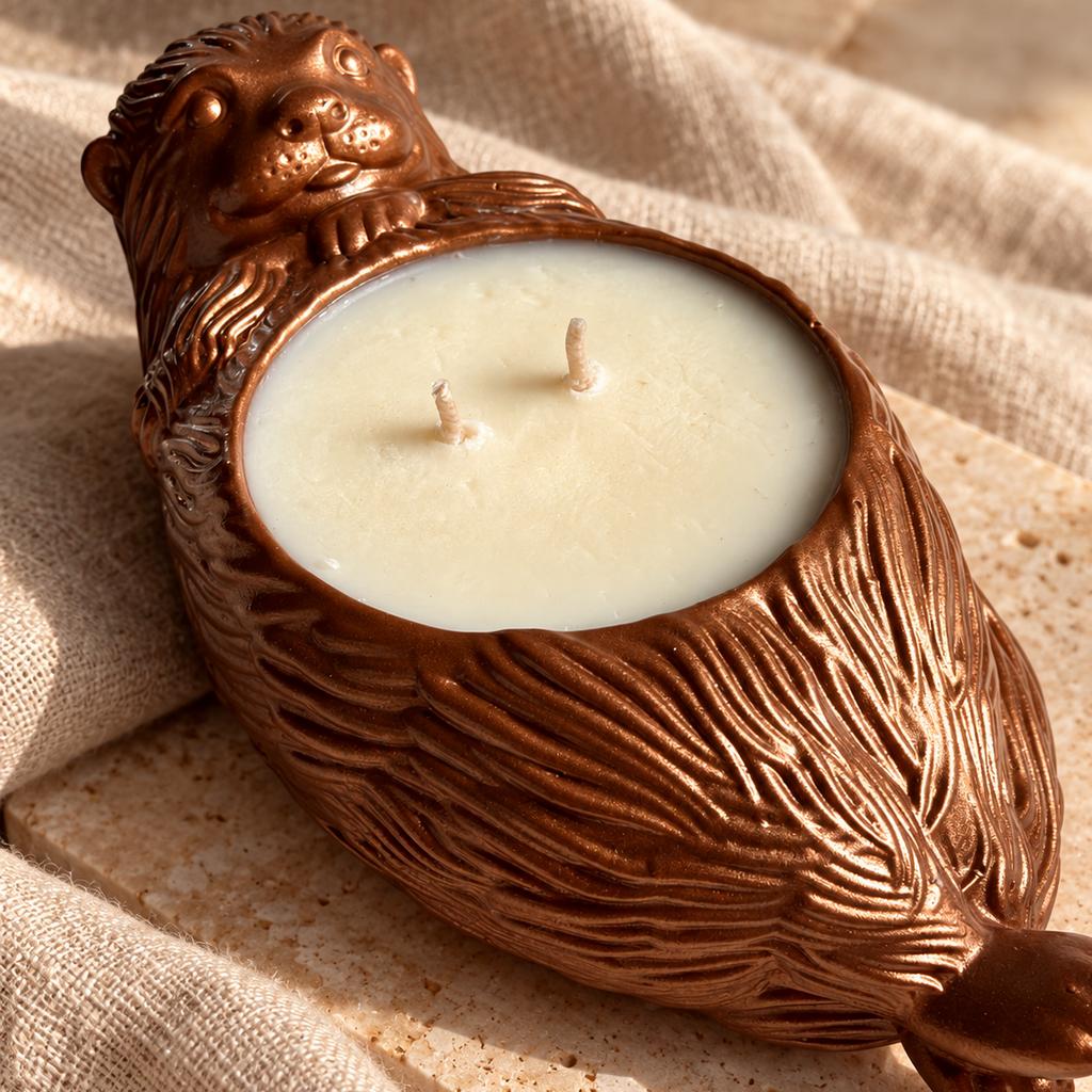 A sculptural otter-shaped candle in a textured bronze-finished body, filled with creamy off-white wax, resting on draped beige linen fabric.