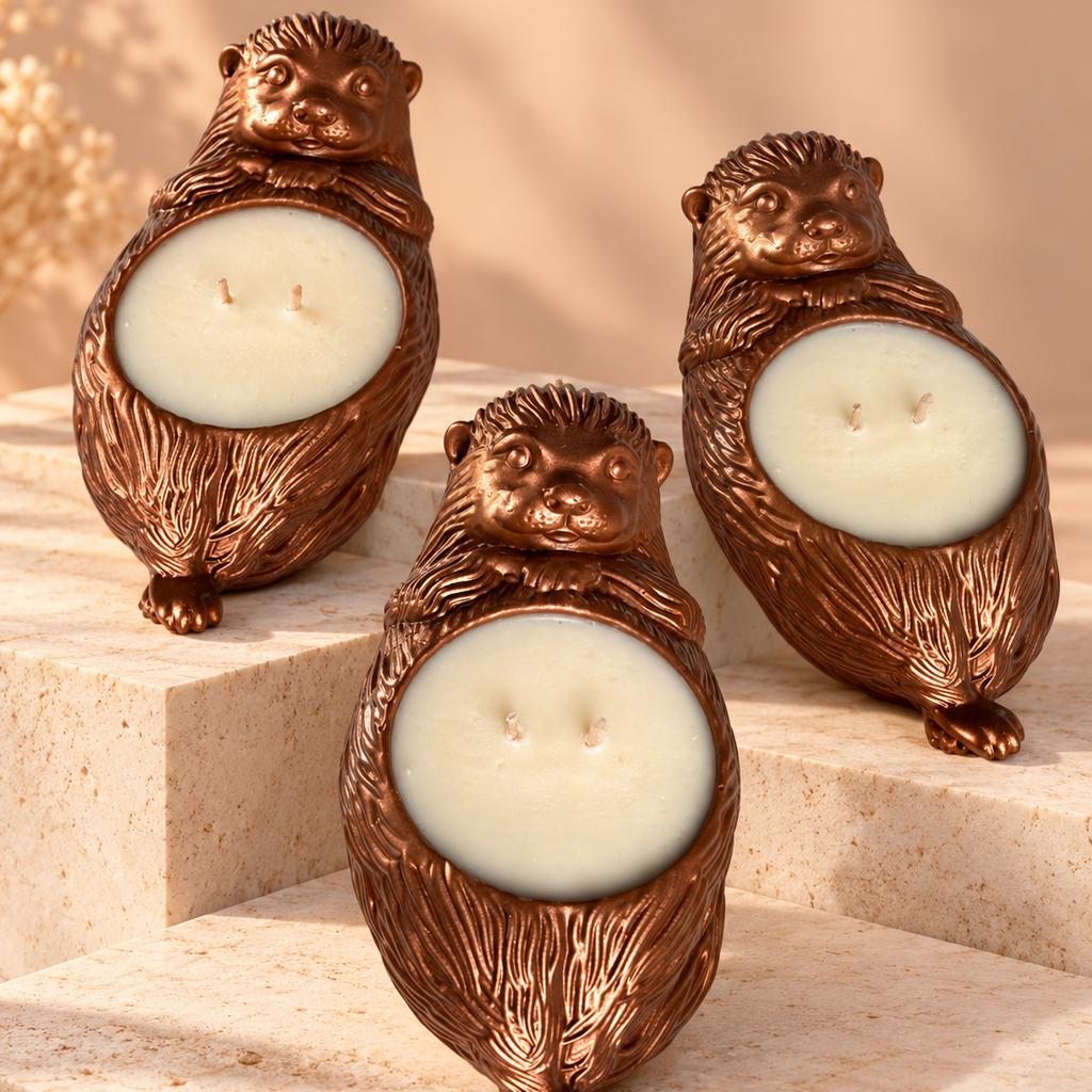 Three metallic brown otter-shaped candle holders with cream-colored circular inserts, arranged on beige stone steps against a warm beige background.