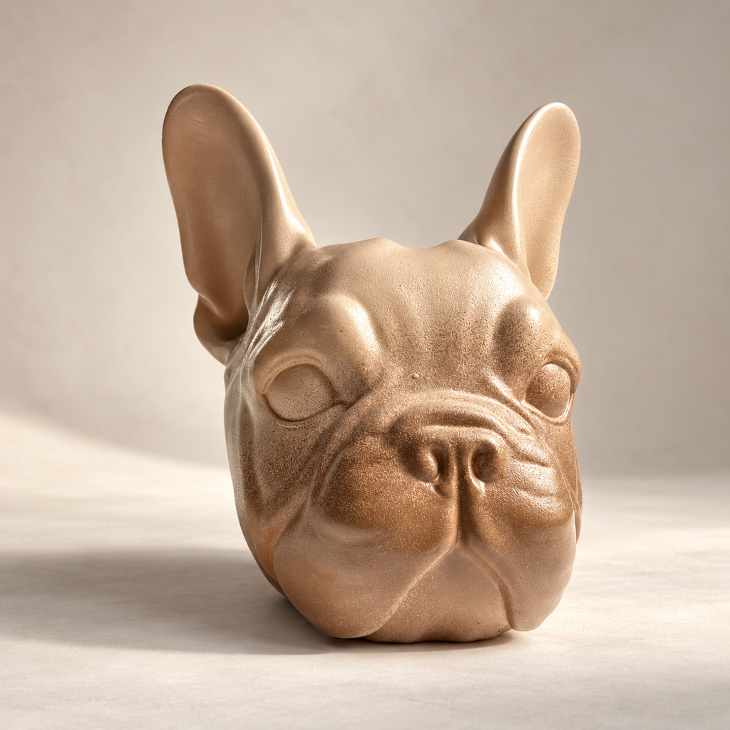 A ceramic French Bulldog head sculpture in a glossy, metallic bronze finish, set against a neutral beige studio background.