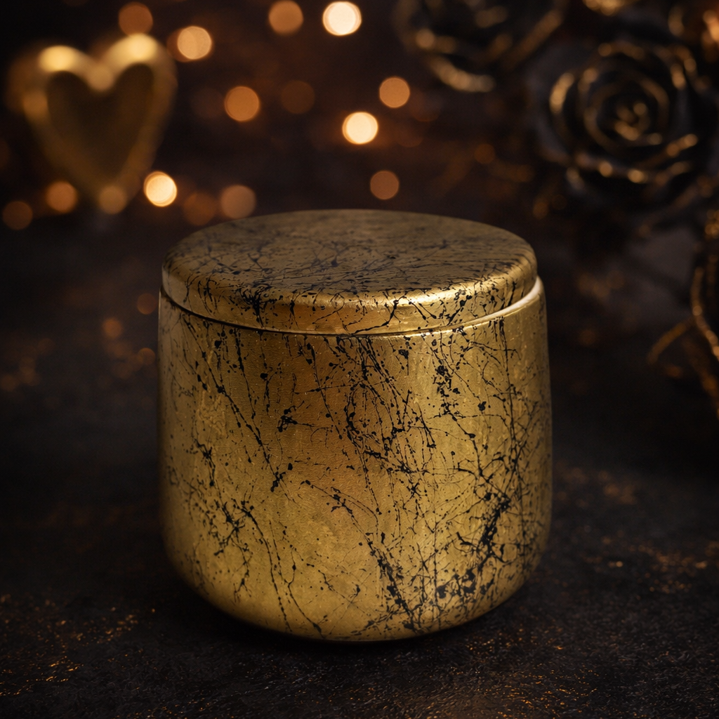 Gold marbled candle holder on a dark surface with blurred lights and roses in the background