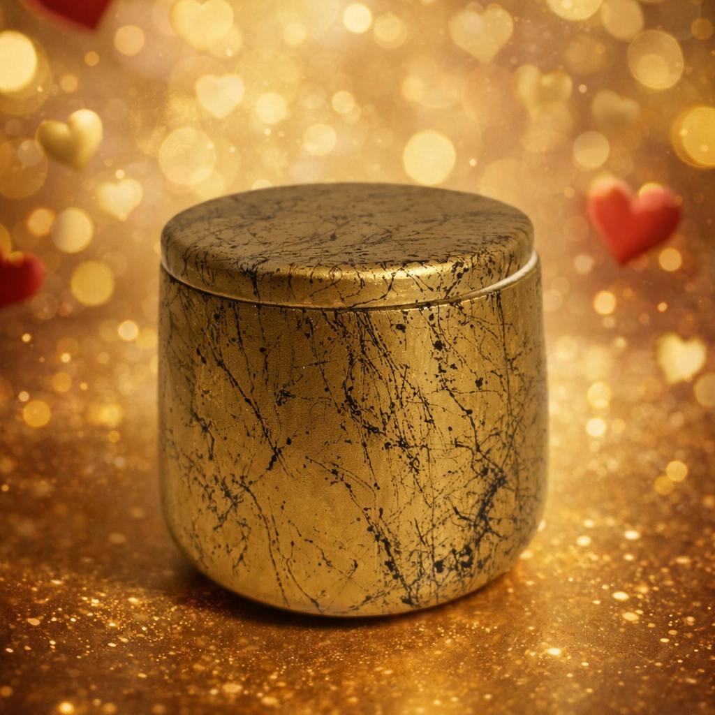 Gold marble-textured candle with a blurred golden background and heart shapes.