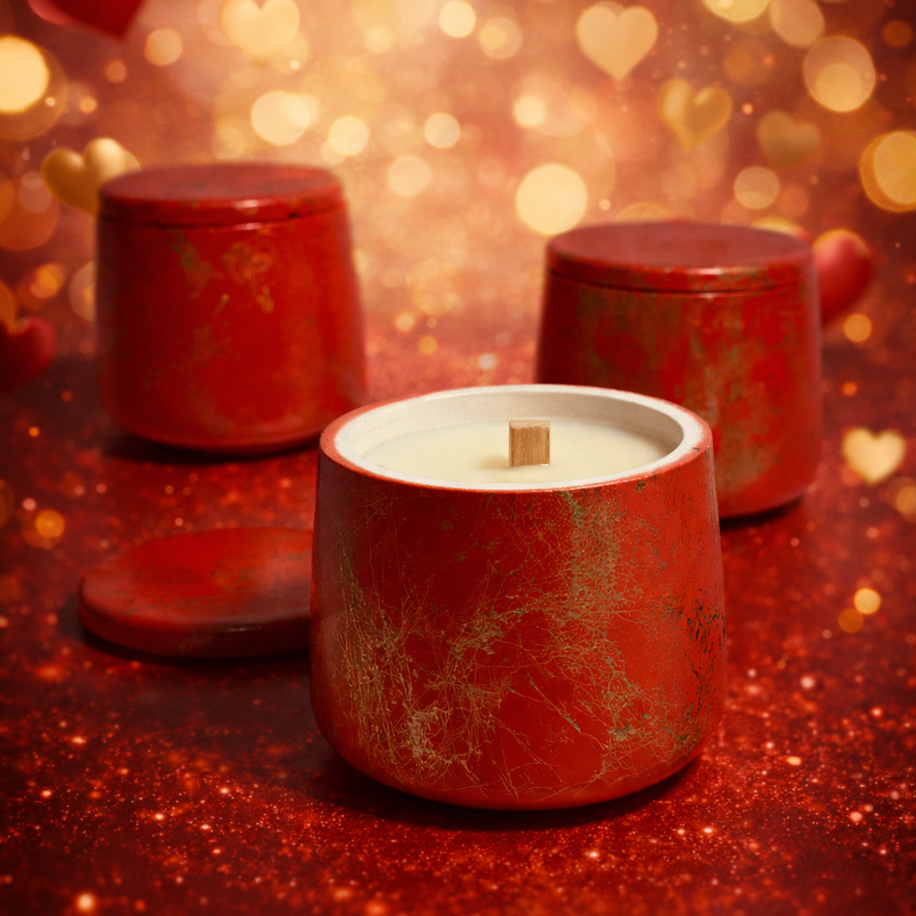 Red candles with gold patterns on a glittery surface with heart-shaped lights in the background
