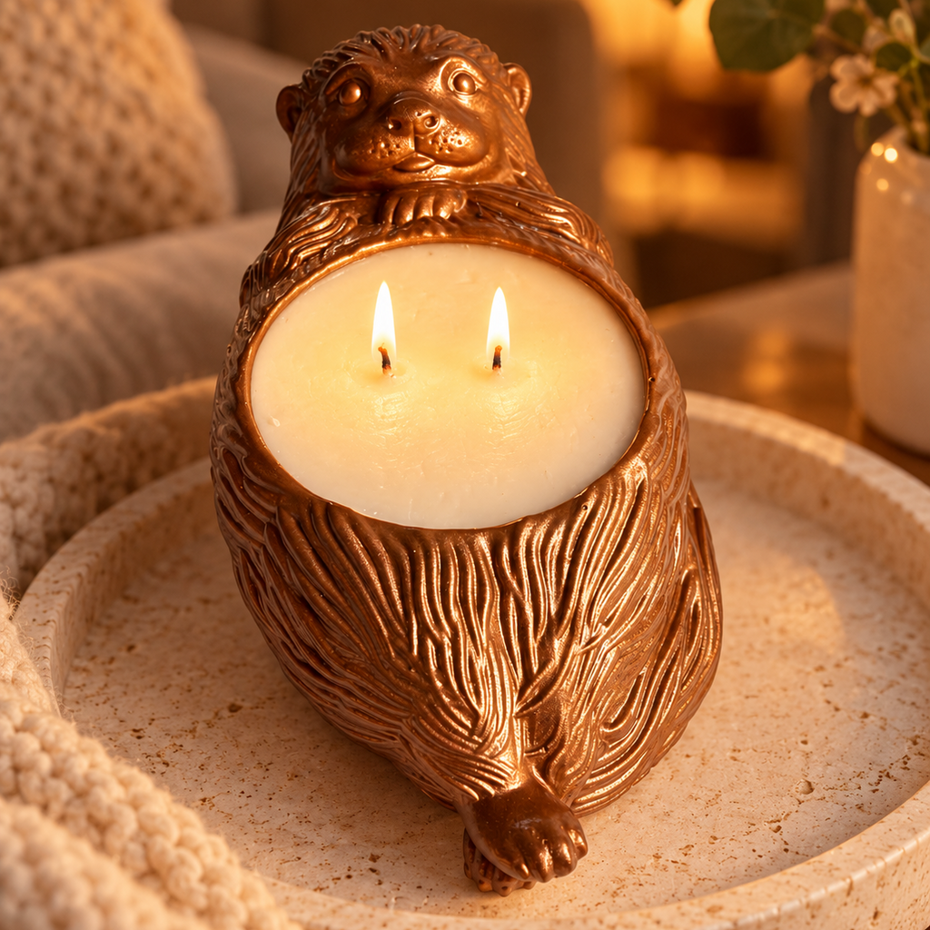 A sculpted otterl candle holder shaped like a beaver or otter in a metallic bronze finish, holding a white candle with two lit wicks. The vessel sits on a round speckled tray in a cozy indoor setting with warm lighting and soft background decor.