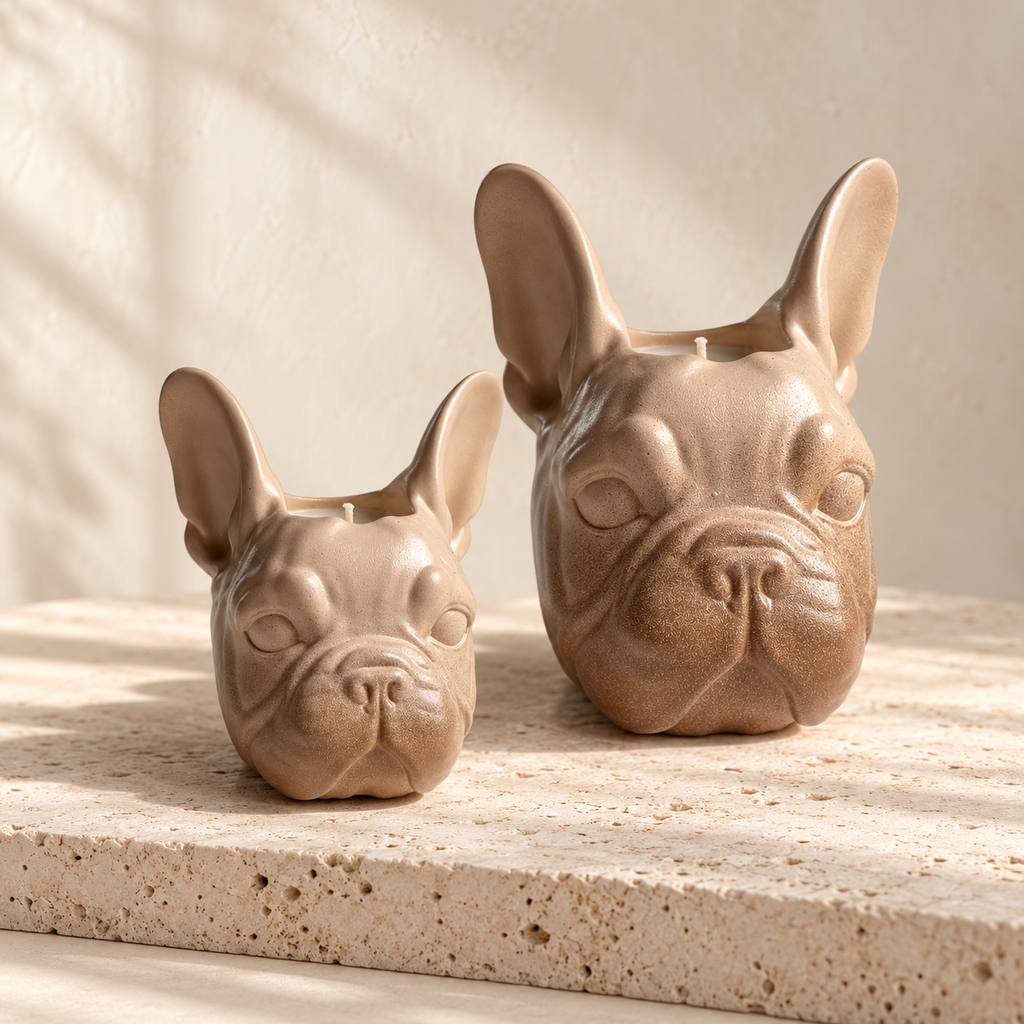 Two ceramic French bulldog-shaped candle holders in a warm beige and brown glaze, displayed on a textured stone surface with soft shadow overlays.