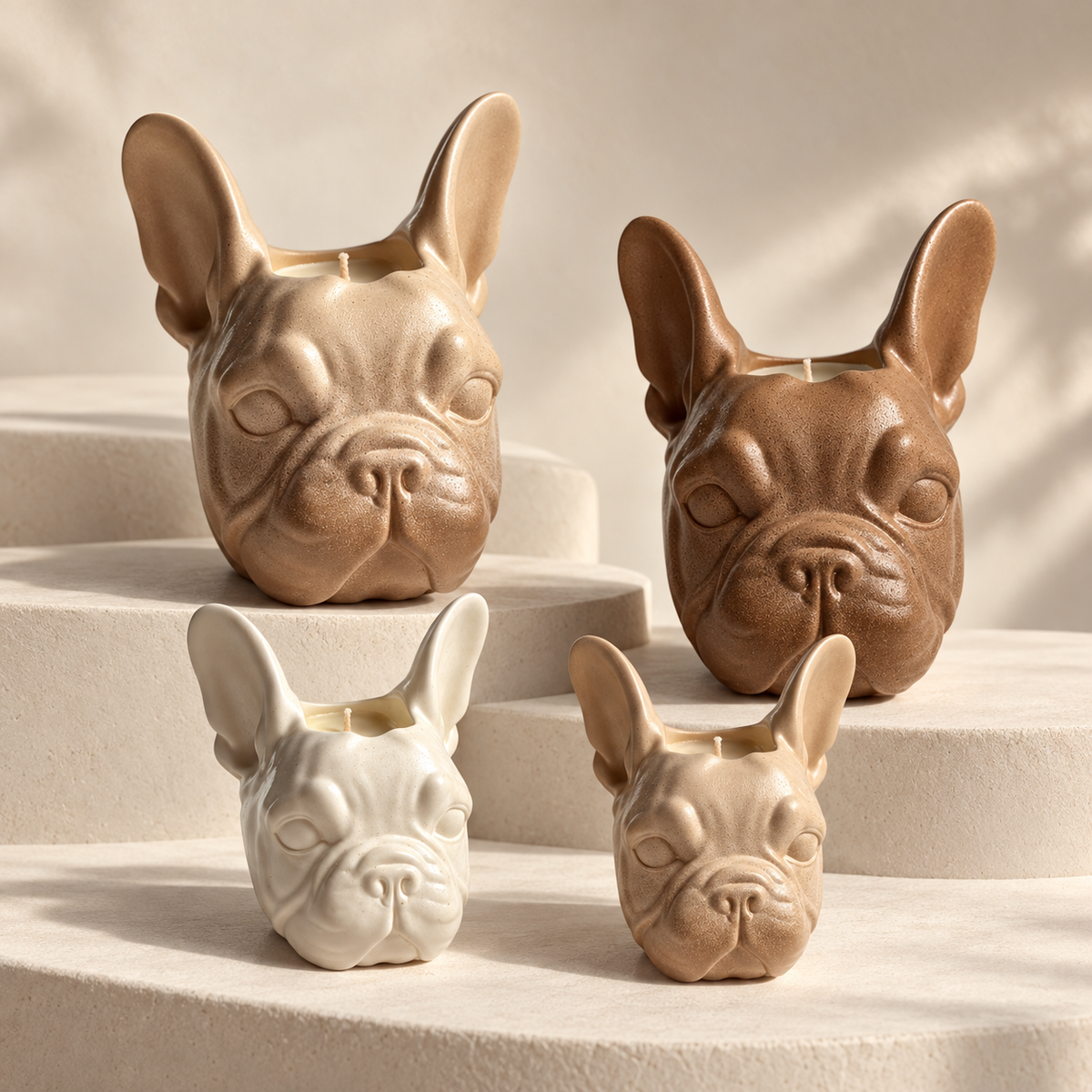 Four ceramic French bulldog head candles  in beige, brown, cream, and tan tones, arranged on a set of light beige stone steps against a softly lit neutral background.