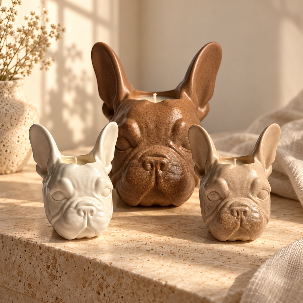 Three ceramic French bulldog-shaped candle holders in white, tan, and brown, arranged on a beige stone surface with warm sunlight and shadows.