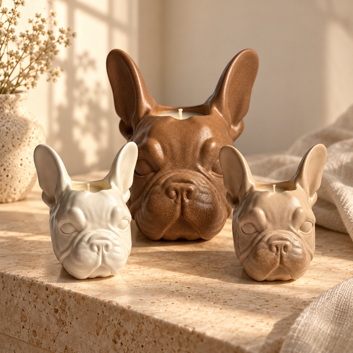 Three ceramic French bulldog-shaped candle holders in white, tan, and brown, arranged on a beige stone surface with warm sunlight and shadows.
