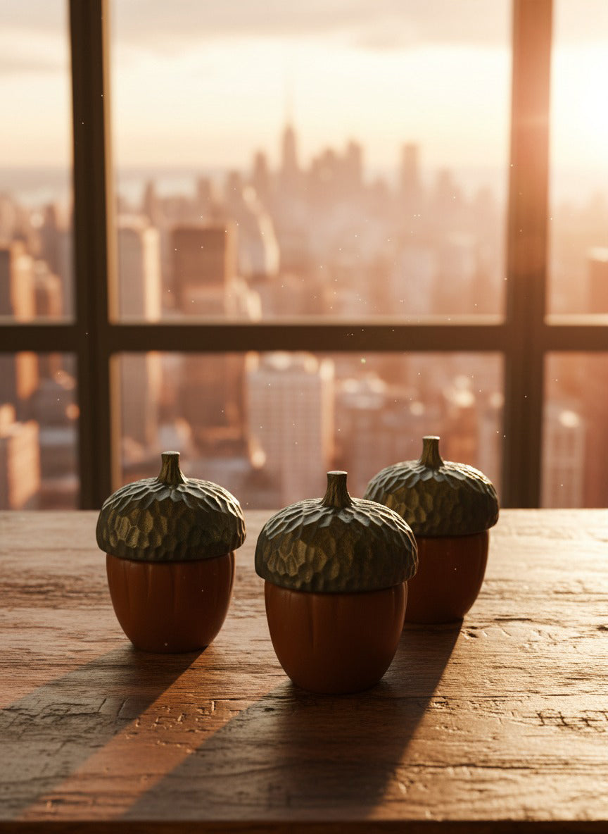 Three acorn-shaped candles on a wooden surface with a cityscape in the background