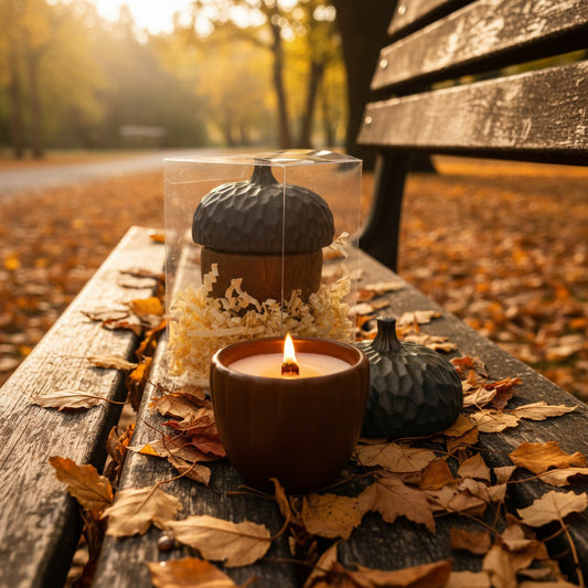 Golden acorn candle in handcrafted stonecast jar, soy wax with Marshmallow Woods fragrance, luxury autumn winter gift.