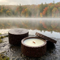 Rustic tree stump candle handmade from stonecast, soy wax, scented with smoky woods, spices and amber
