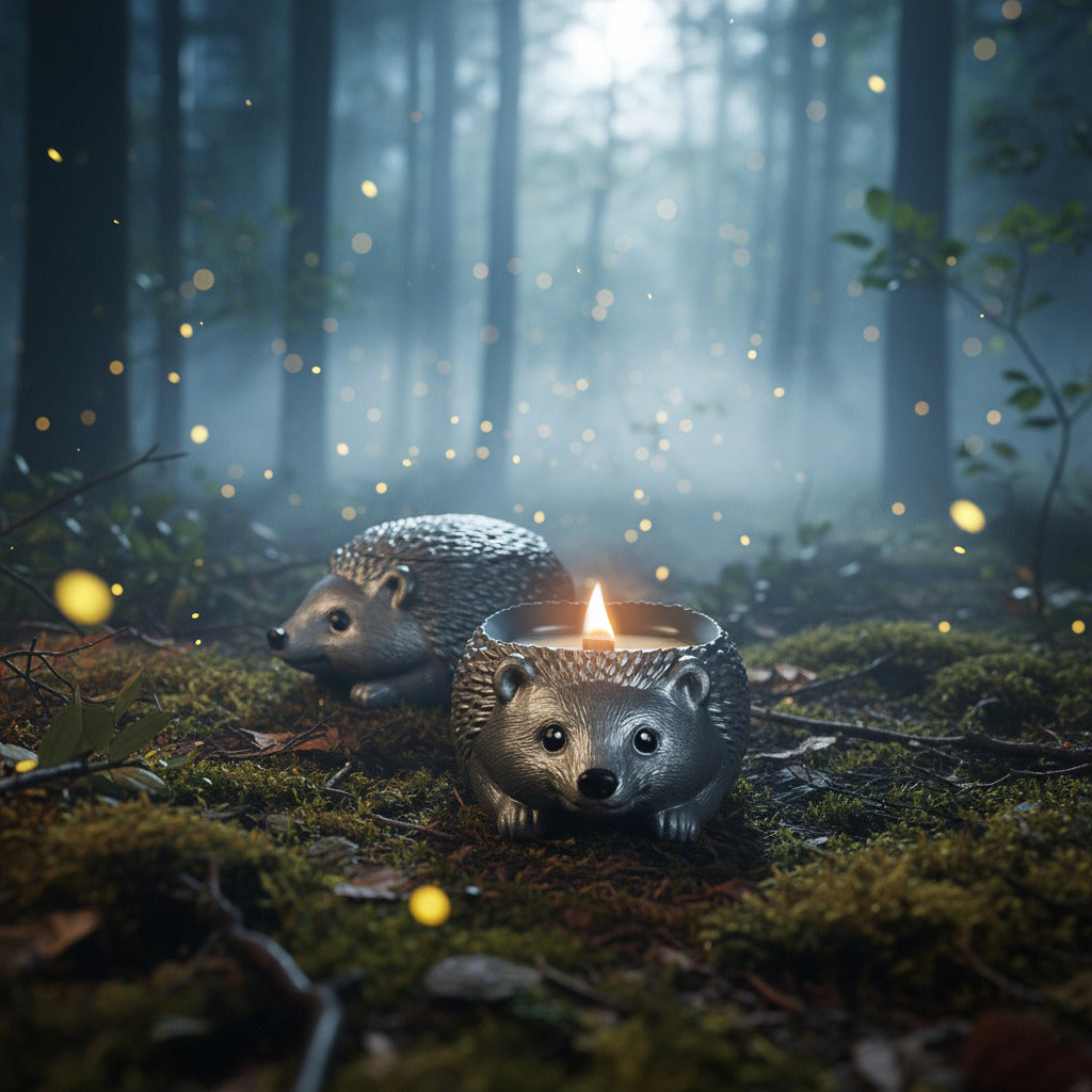 Hedgehog-shaped candle holders in a forest setting with glowing lights.