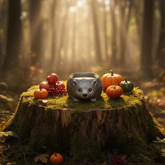 Unique artisan hedgehog-shaped candle, handmade in stonecast jar, scented with apple, cinnamon and spice notes.