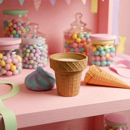 Artisan ice cream cone candle in pink and blue swirl design, scented with candy floss fragrance.