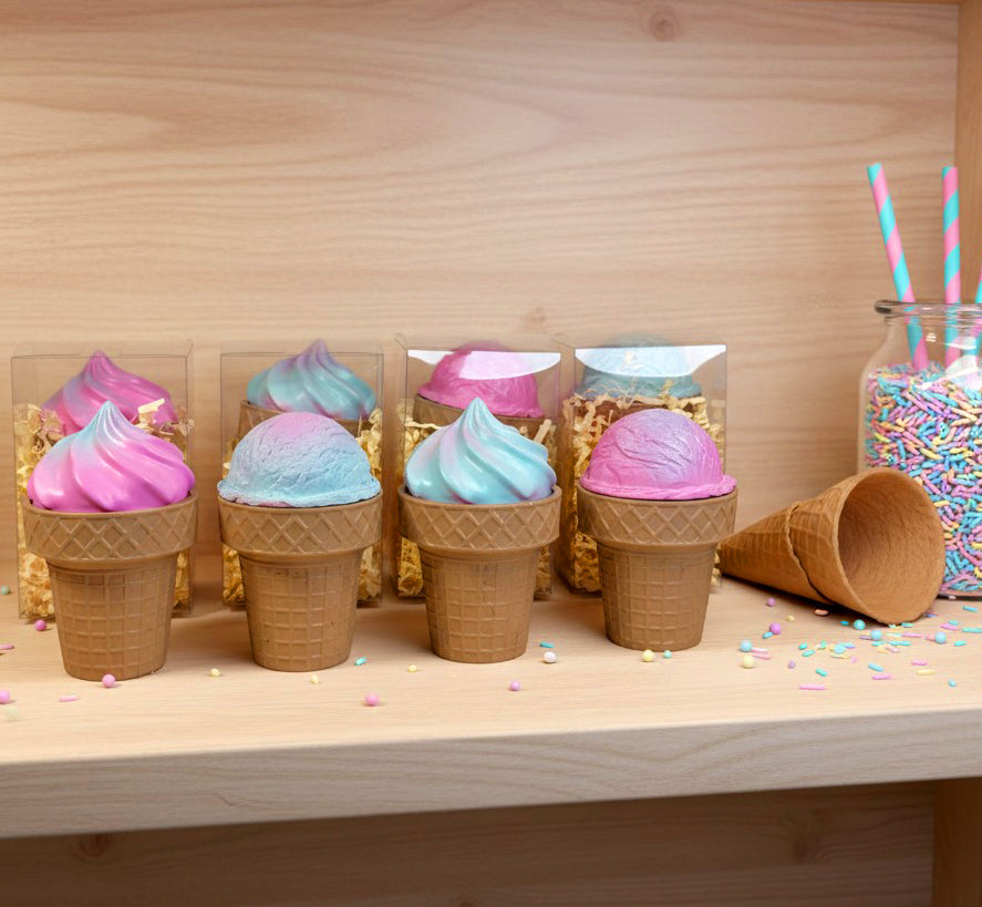 Luxury ice cream-shaped candle, handmade from stonecast, scented with cotton candy aroma.