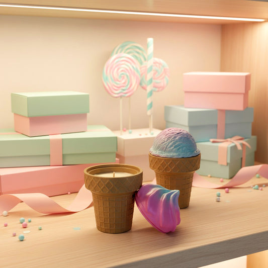 Eco-friendly soy wax ice cream candle, cotton candy aroma, luxury handcrafted décor gift.