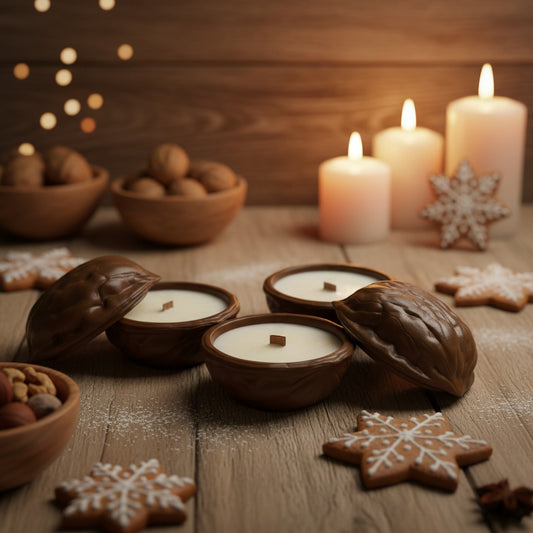 Decorative candles in walnut shells on a wooden surface with cookies and candles in the background.