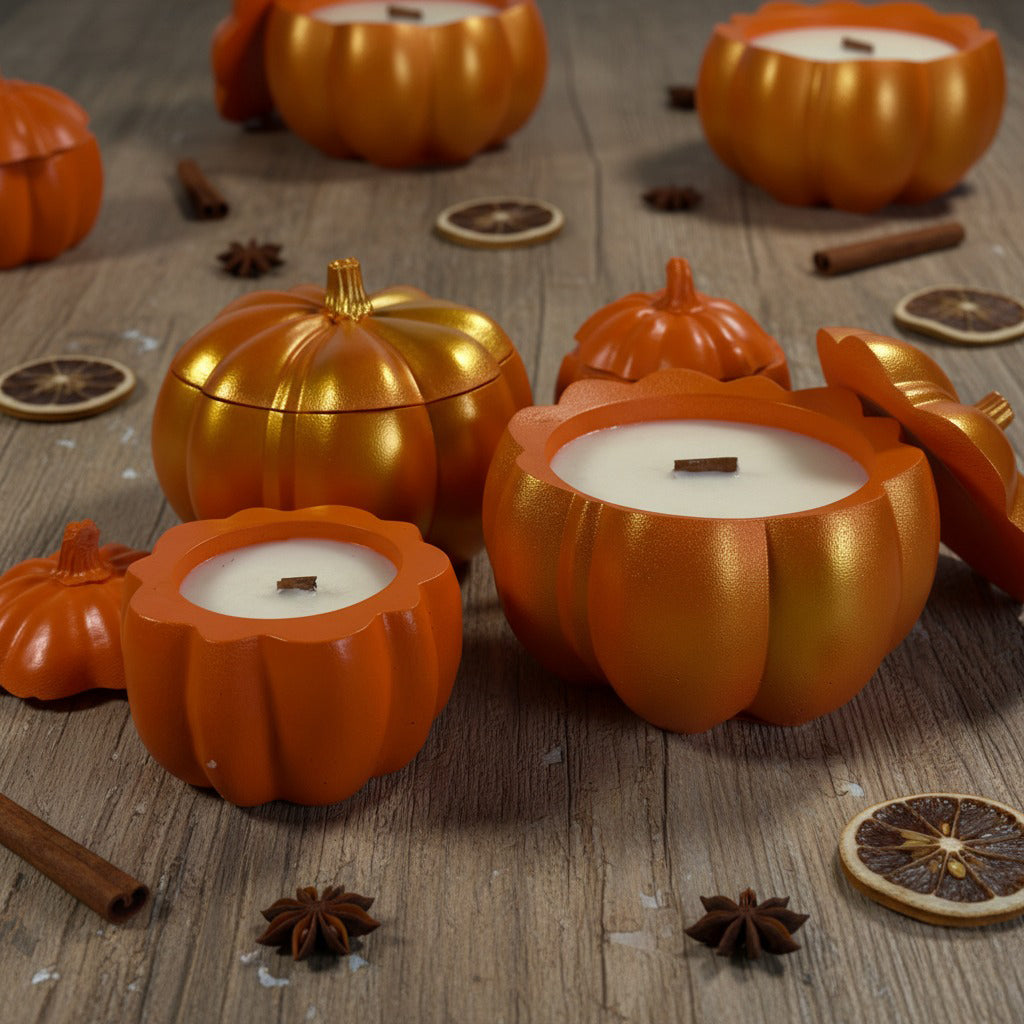 Pumpkin-shaped candles on a wooden surface with cinnamon sticks and dried oranges.