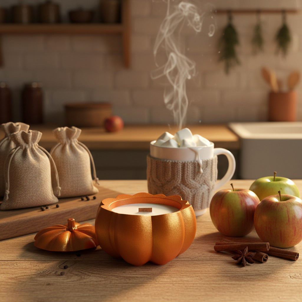 Pumpkin-shaped candle with a steaming mug of hot chocolate, apples, and cinnamon sticks on a wooden table.