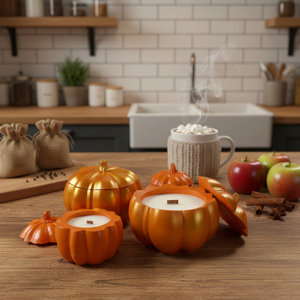 Pumpkin-shaped candles on a kitchen counter with apples and cinnamon sticks.