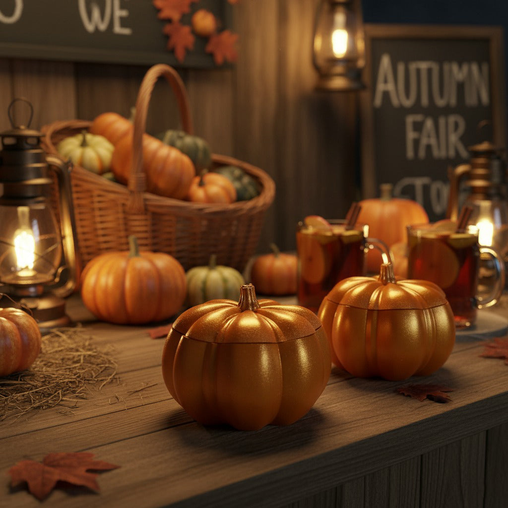 Autumn-themed setting with pumpkins, lanterns, and a basket of harvest produce on a wooden surface.