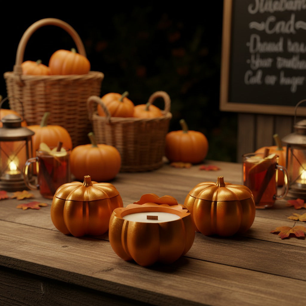 Pumpkin-inspired stonecast candle, scented with warm pumpkin spice and vanilla notes.