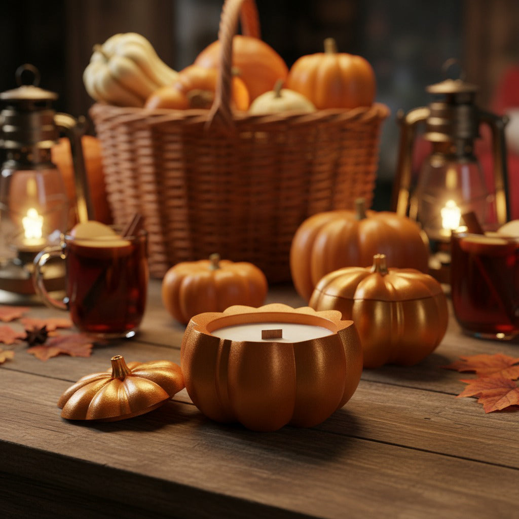 Autumn-themed setting with pumpkins, candles, and warm drinks on a wooden table.