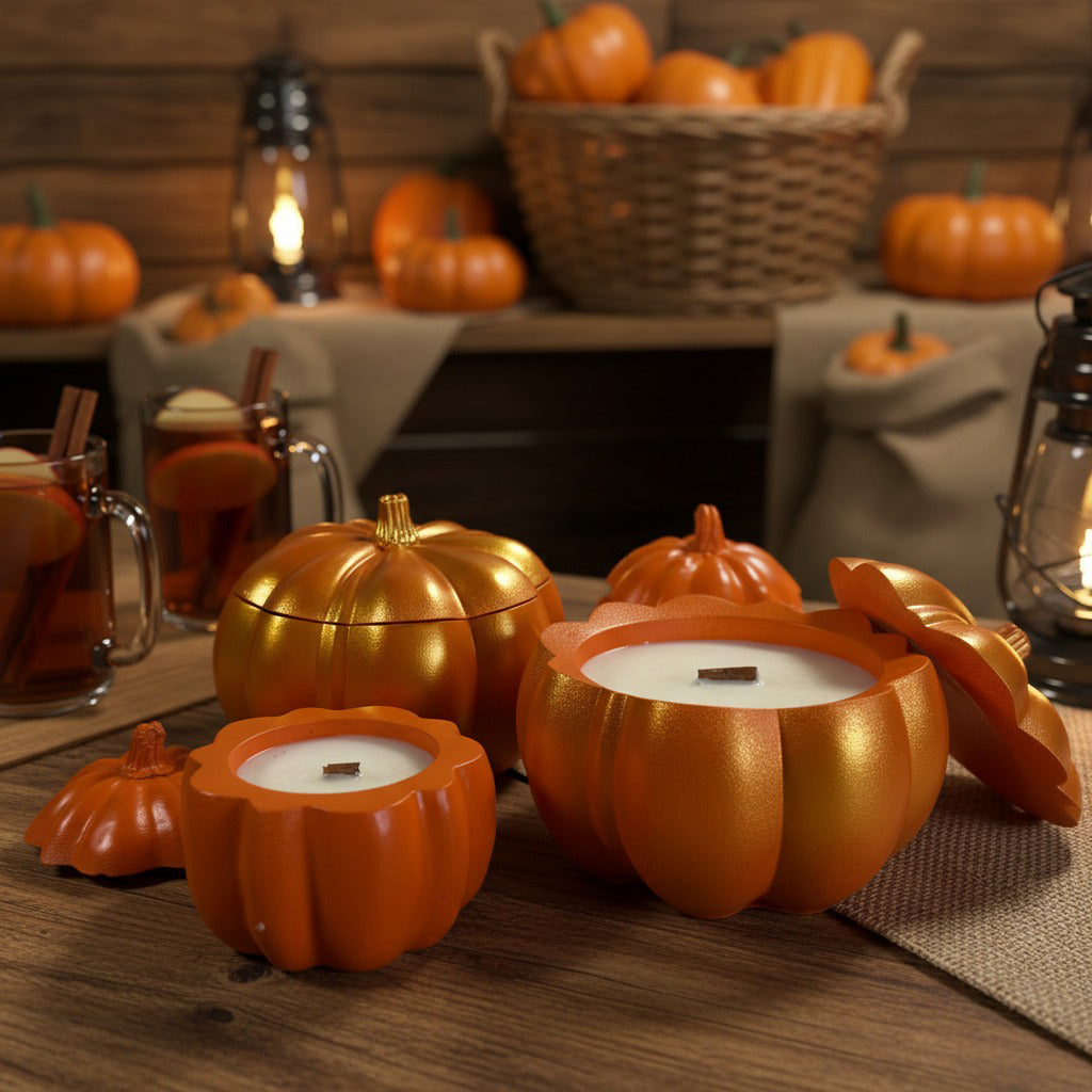 Pumpkin-shaped candles on a wooden table with pumpkins and lanterns in the background.
