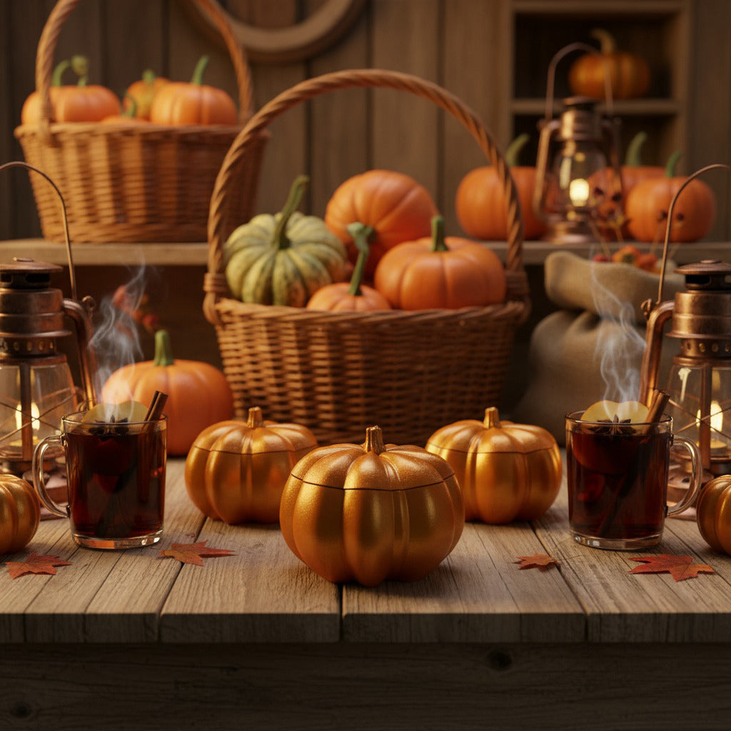 Artisan pumpkin candle in golden-orange stonecast jar, filled with eco-friendly soy wax.