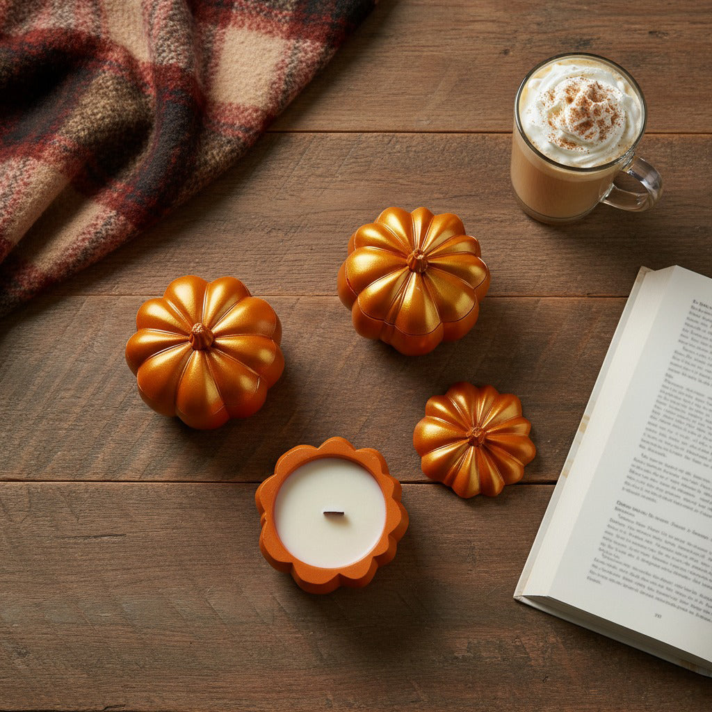 Eco-friendly pumpkin spice candle, artisan handcrafted design, perfect autumn gift.