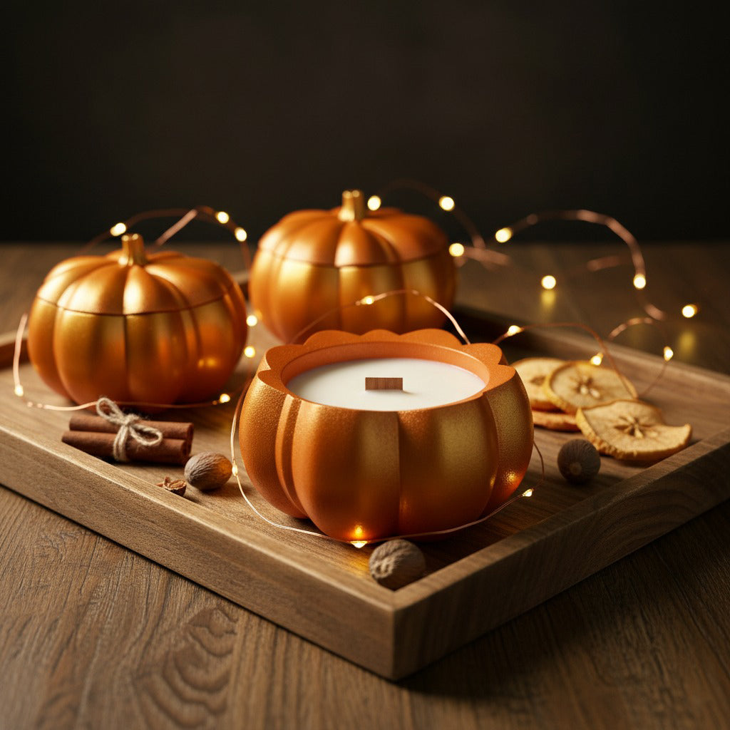 Handmade autumn pumpkin candle, stonecast vessel, wooden wick, cosy festive fragrance.