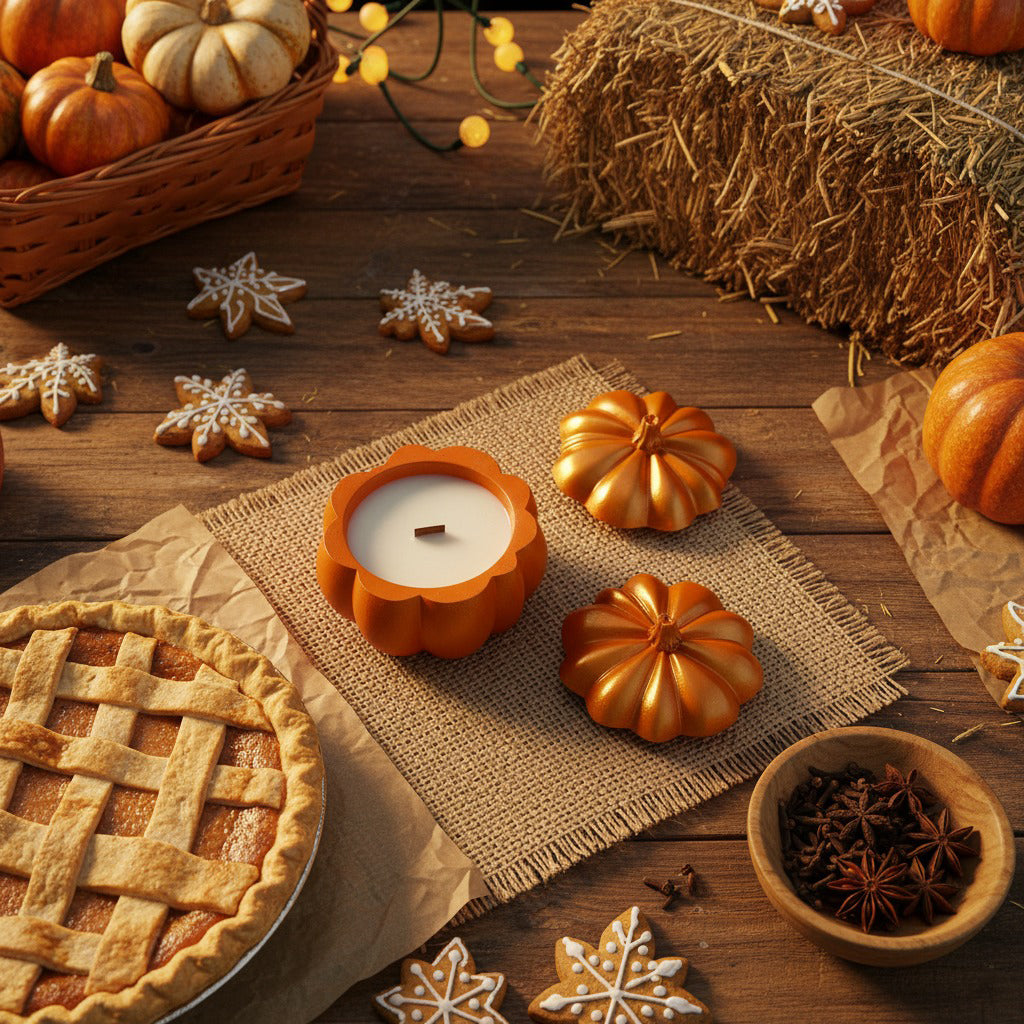 Autumn-themed setting with pumpkins, pie, and candles on a wooden table.