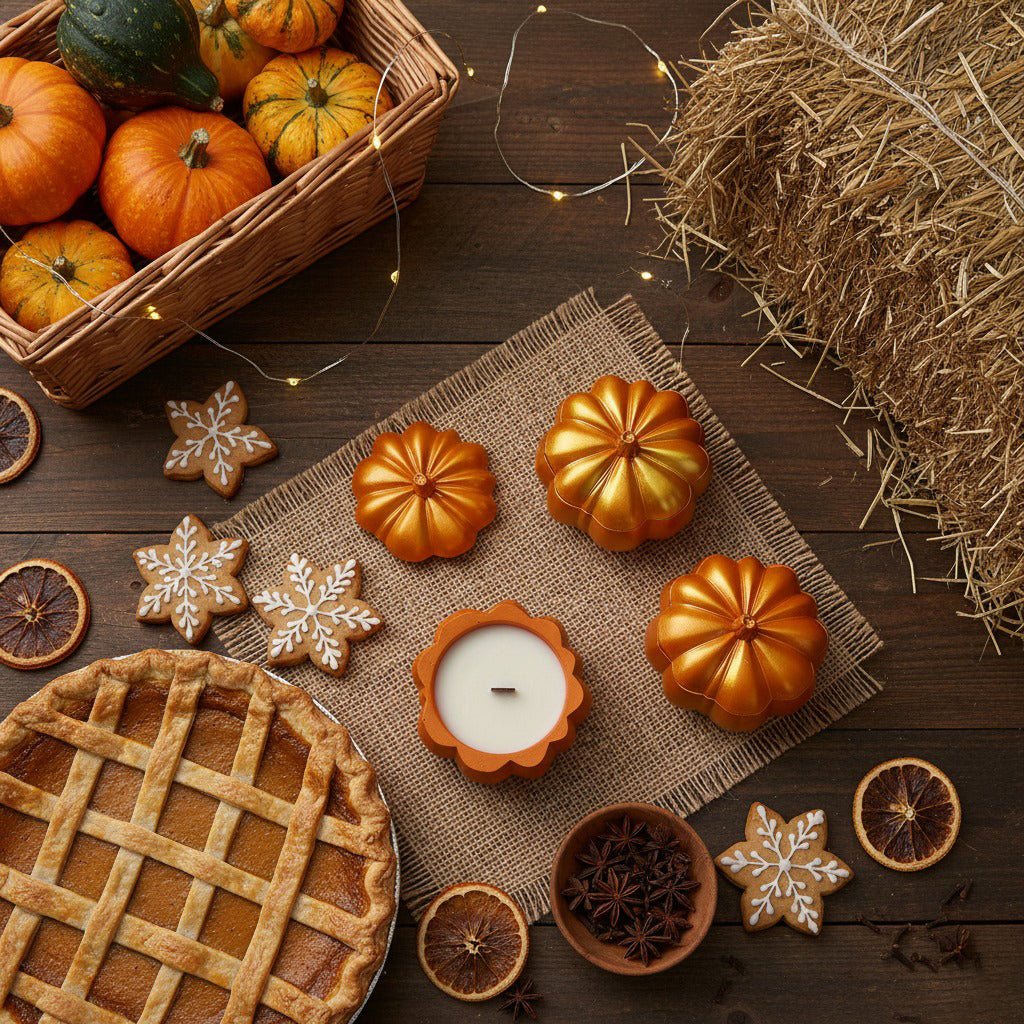 Handcrafted pumpkin-shaped candle, artisan stonecast jar with soy wax and pumpkin spice fragrance.