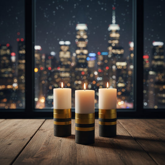 Three candles with gold and black bands on a wooden table in front of a city skyline at night.