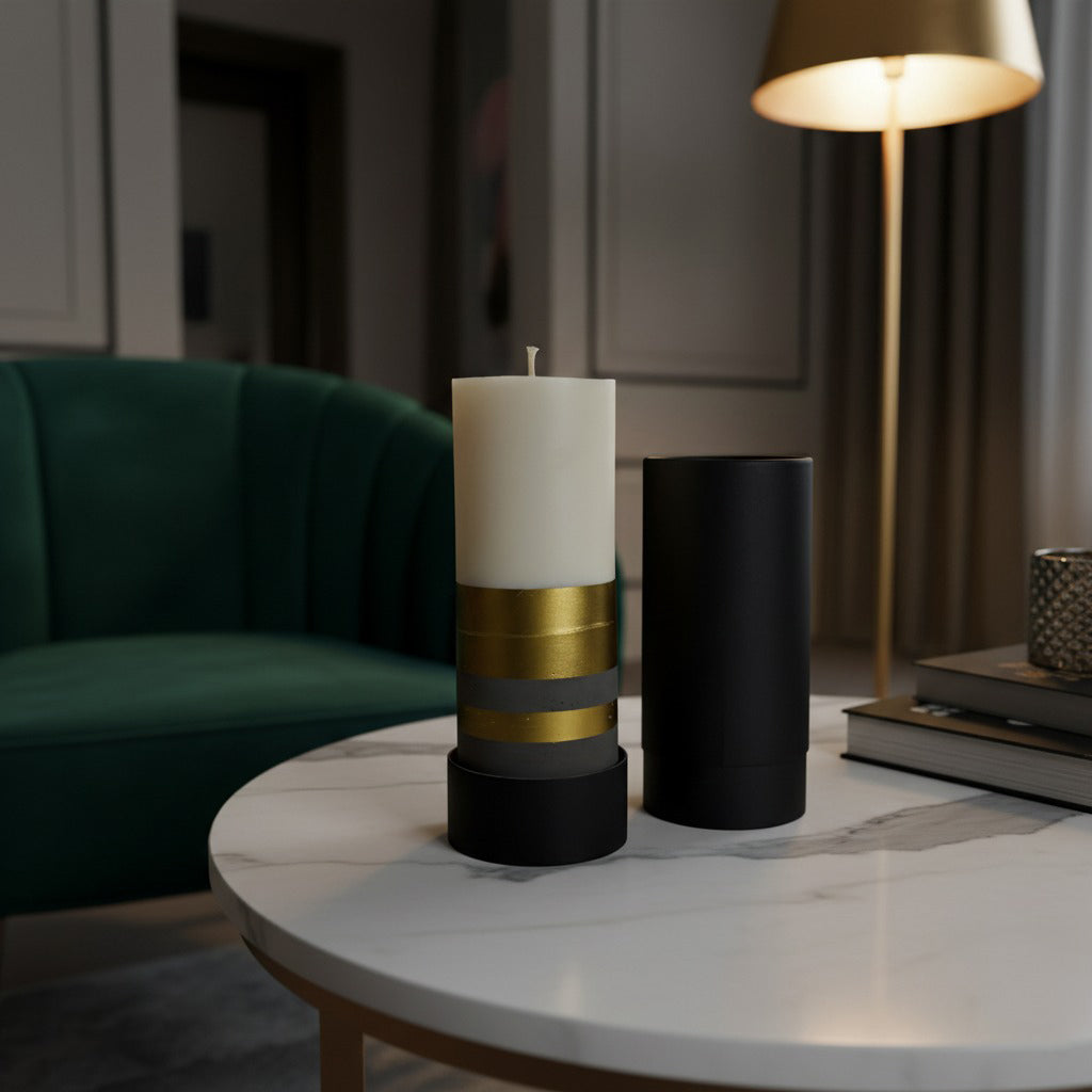 Tall handmade candle, concrete and wax, eco-friendly décor gift.
