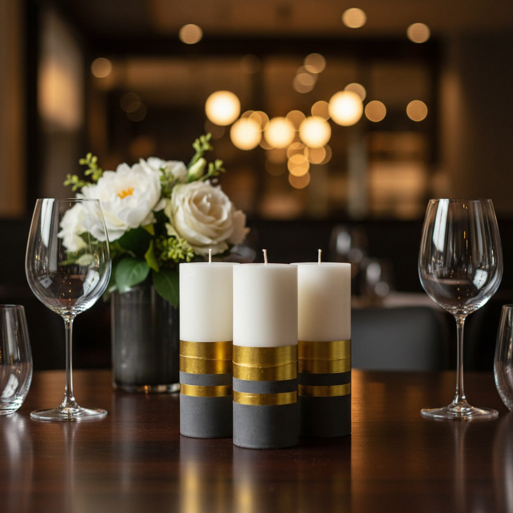 Decorative candles with gold stripes on a table with wine glasses and flowers in the background.