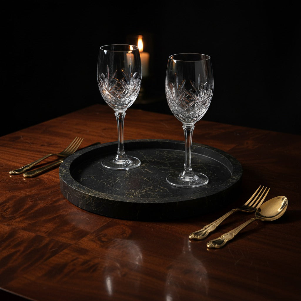 Heavy stonecast decorative tray, ideal for serving drinks or displaying jewelry.
