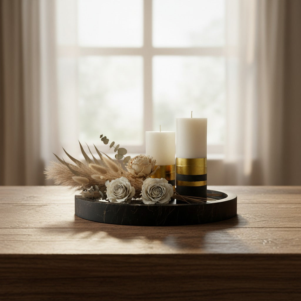 Stonecast décor tray with marble-style painting, stylish and durable accessory.
