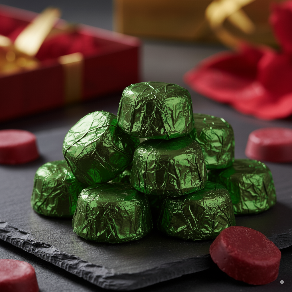 Green wrapped wax melts on a dark surface