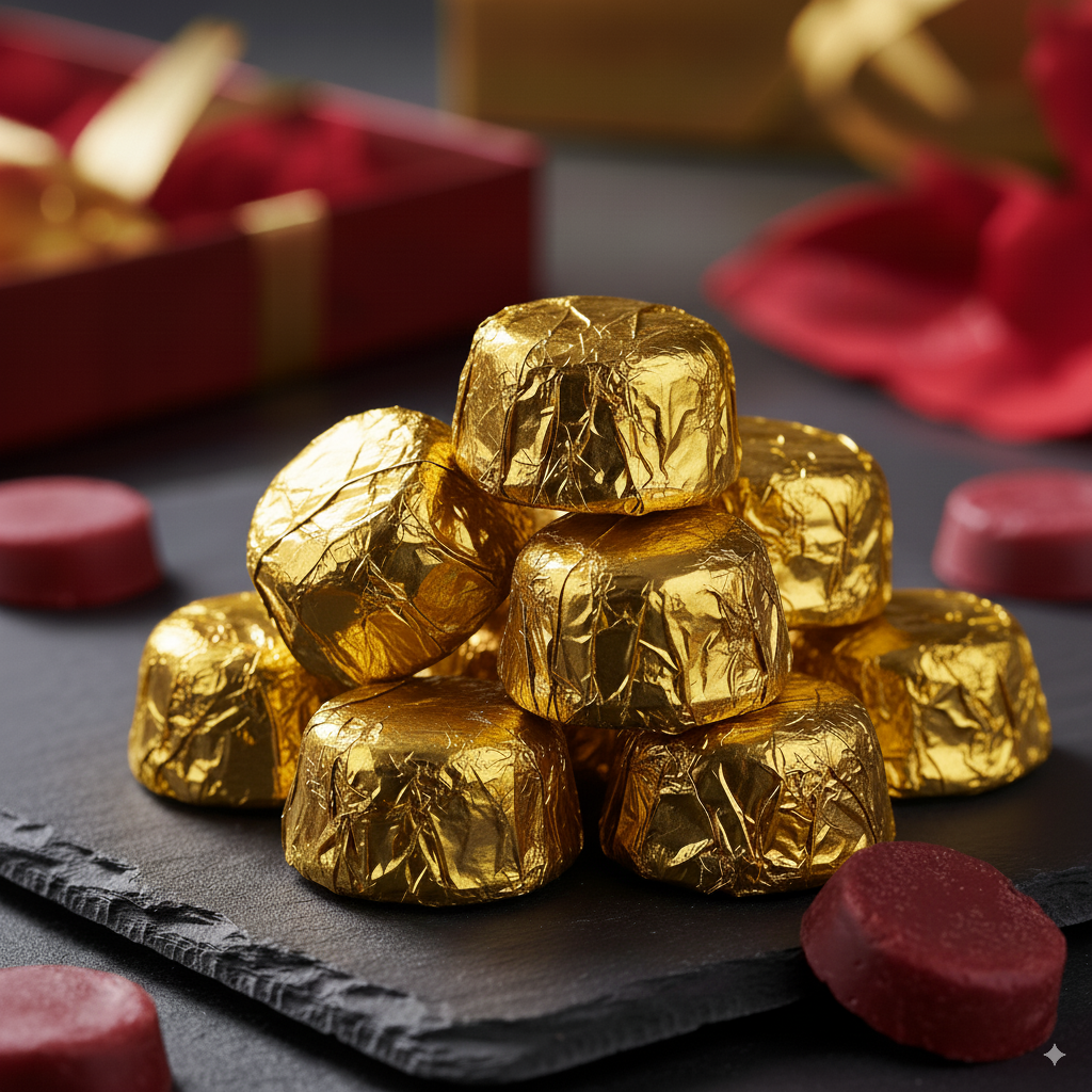 Gold-wrapped wax melts on a dark surface with red accents