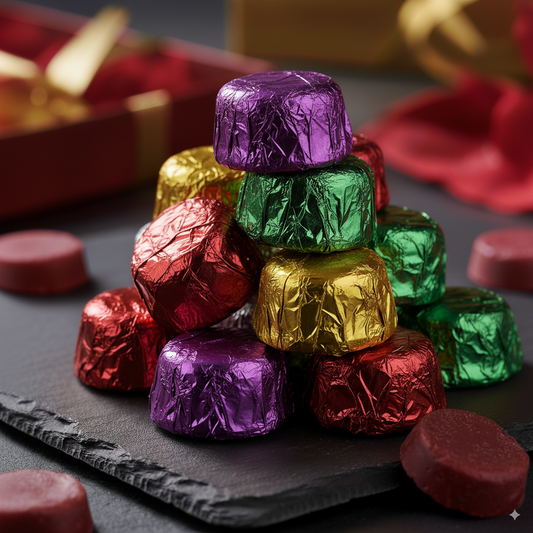 Luxury soy wax melts wrapped in colourful foil, packed in a 100g recyclable tin with clear lid