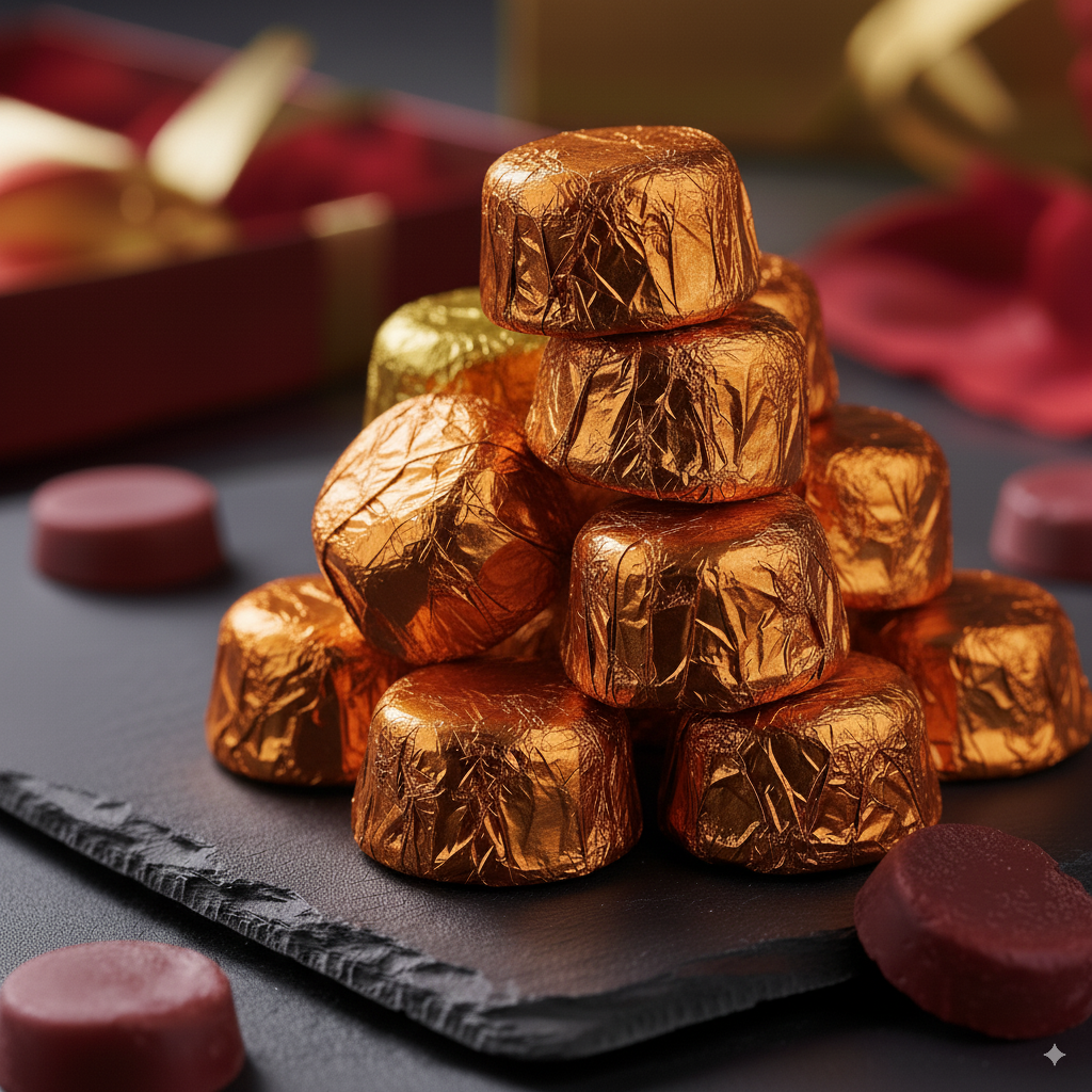 Stack of gold-wrapped wax melts on a dark surface with blurred red and gold objects in the background