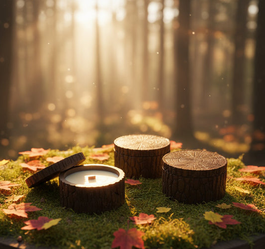 Forest stump candle in handcrafted stonecast jar, soy wax with Autumn Bonfire fragrance, rustic woodland home décor gift.