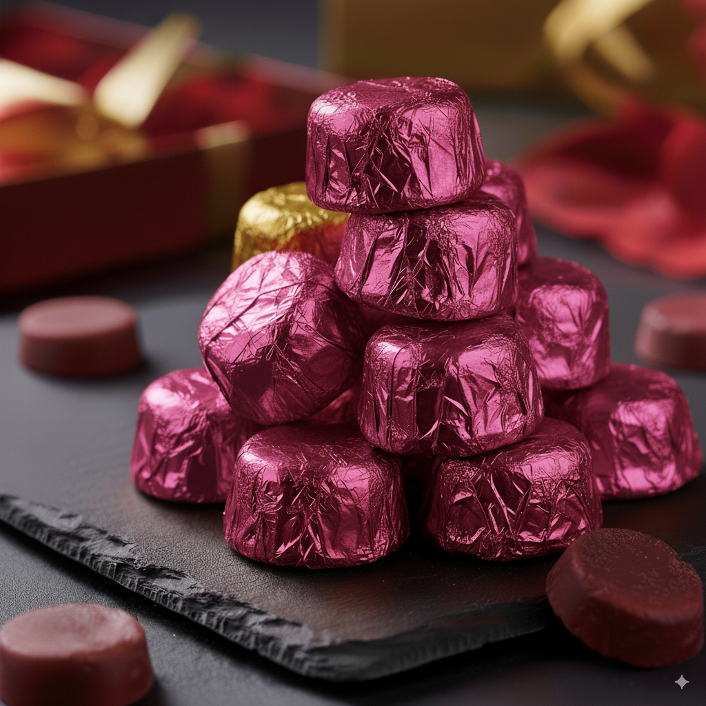 Stack of pink wrapped wax melts on a dark surface with blurred gift boxes in the background