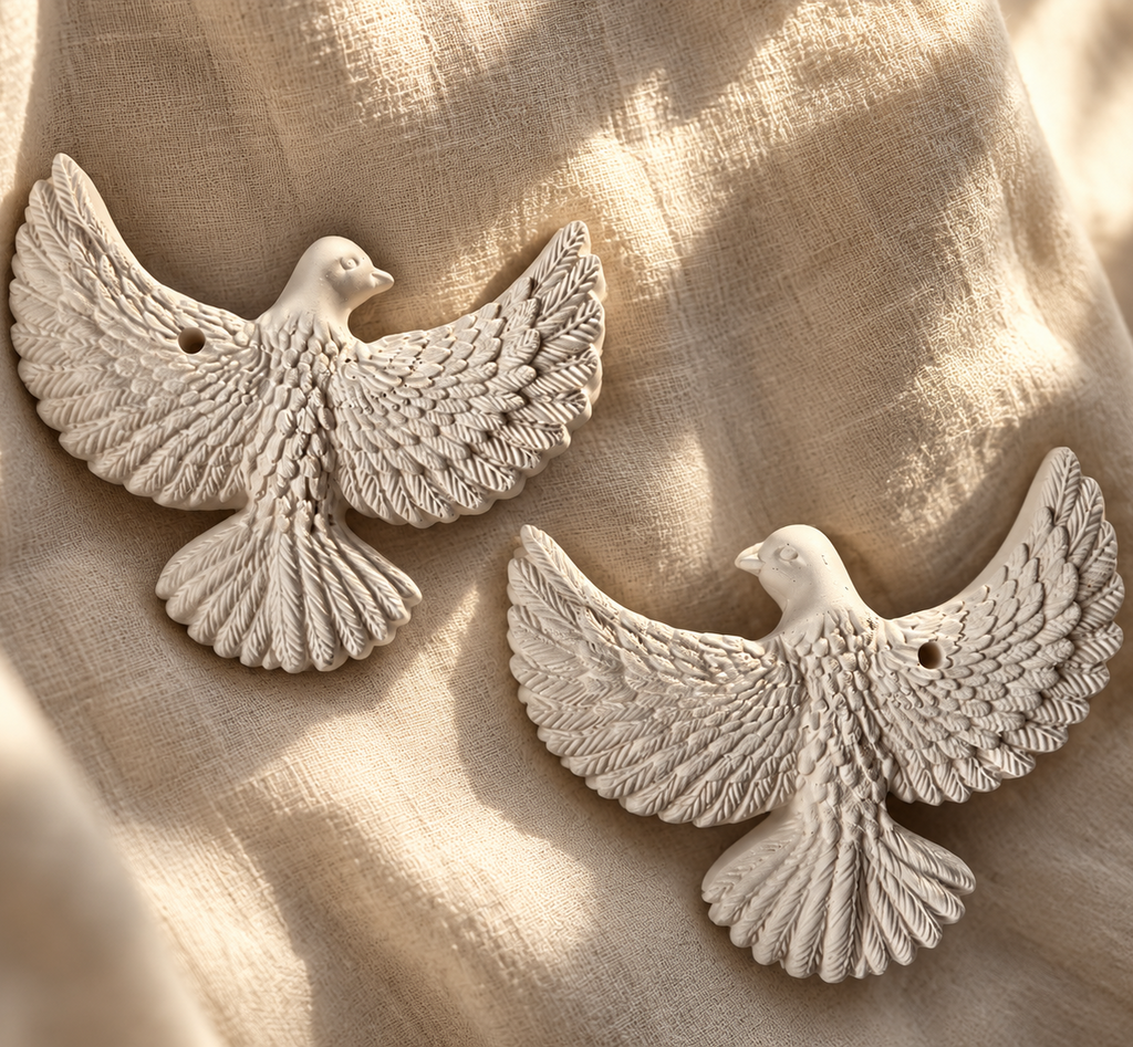 Two cream-colored bird-shaped jewelry charms with detailed feather textures, displayed on a draped beige linen fabric.
