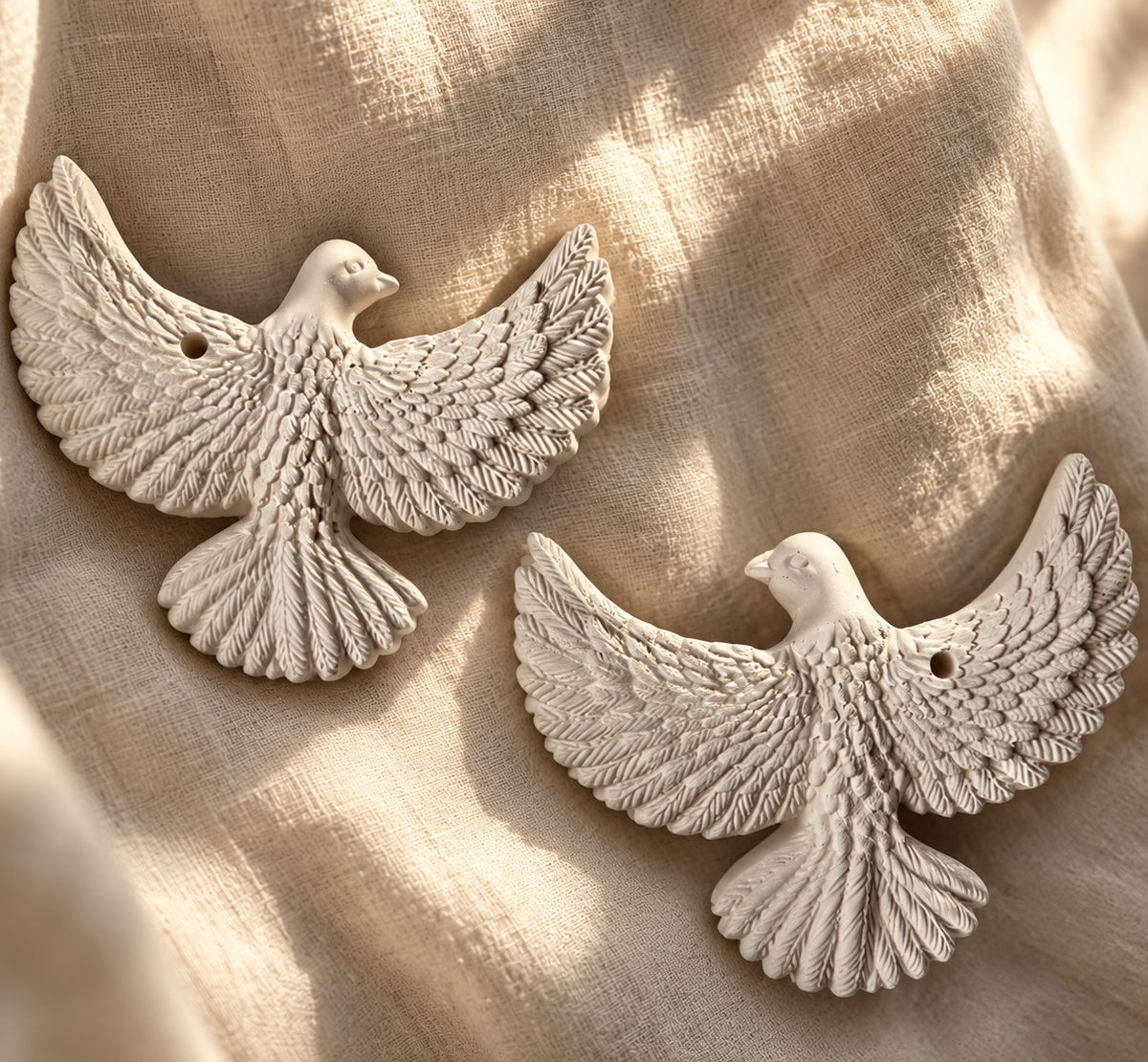 Two cream-colored bird-shaped jewelry charms with detailed feather textures, displayed on a draped beige linen fabric.