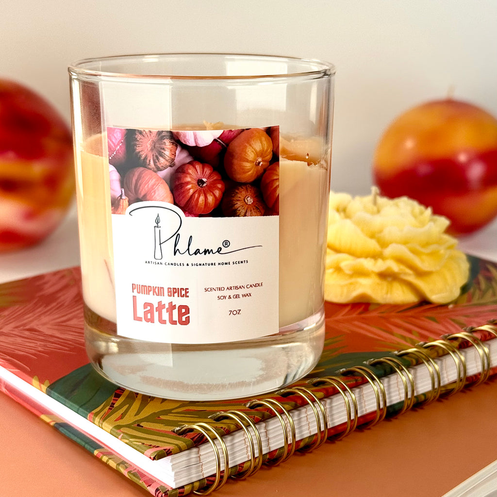 Pumpkin Spice Latte Candle with layered orange wax and gift packaging, styled for autumn ambiance