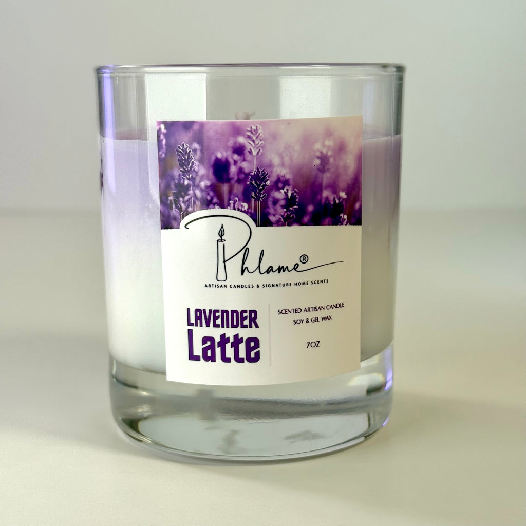 Lavender Latte Candle with layered wax in glass jar and bamboo lid, styled for gift-ready presentation